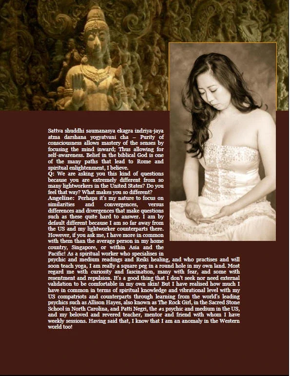 Photo of a woman with long, dark hair, wearing a strapless dress, looking down in contemplation, overlaid with a paragraph of text about spirituality and personal journey, with a small inset image of an ancient sculpture of a deity.