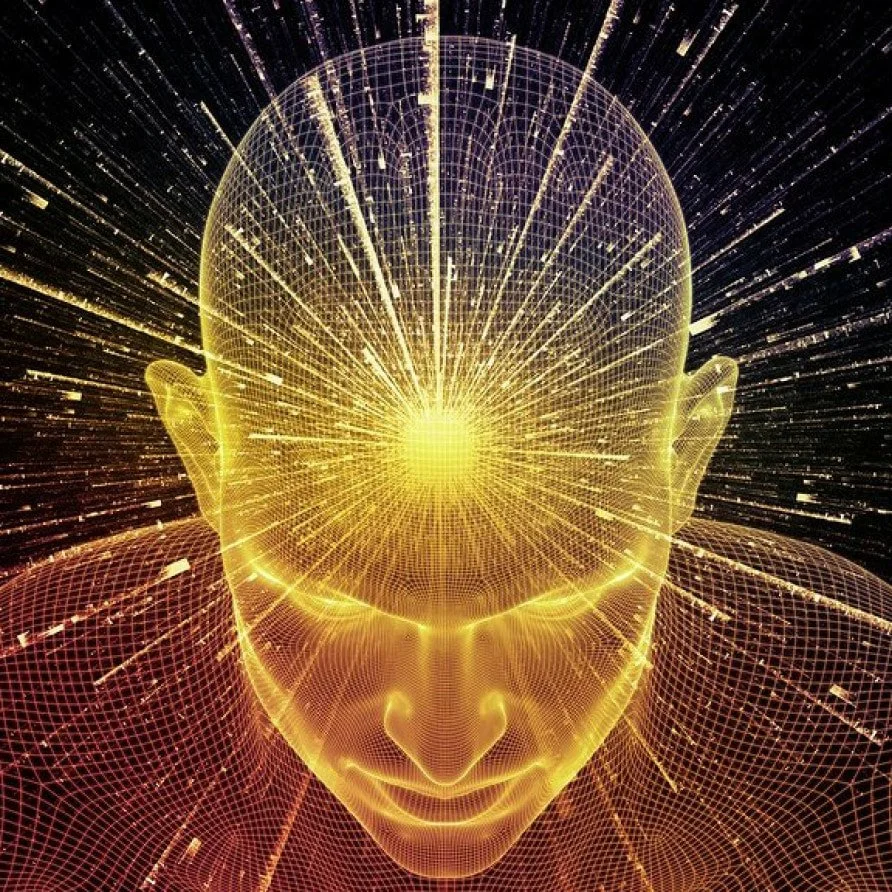 A digital illustration of a human head with a glowing yellow light at the forehead, representing a focus on the mind or consciousness, with a grid pattern and radiating lines suggesting energy or data flow.