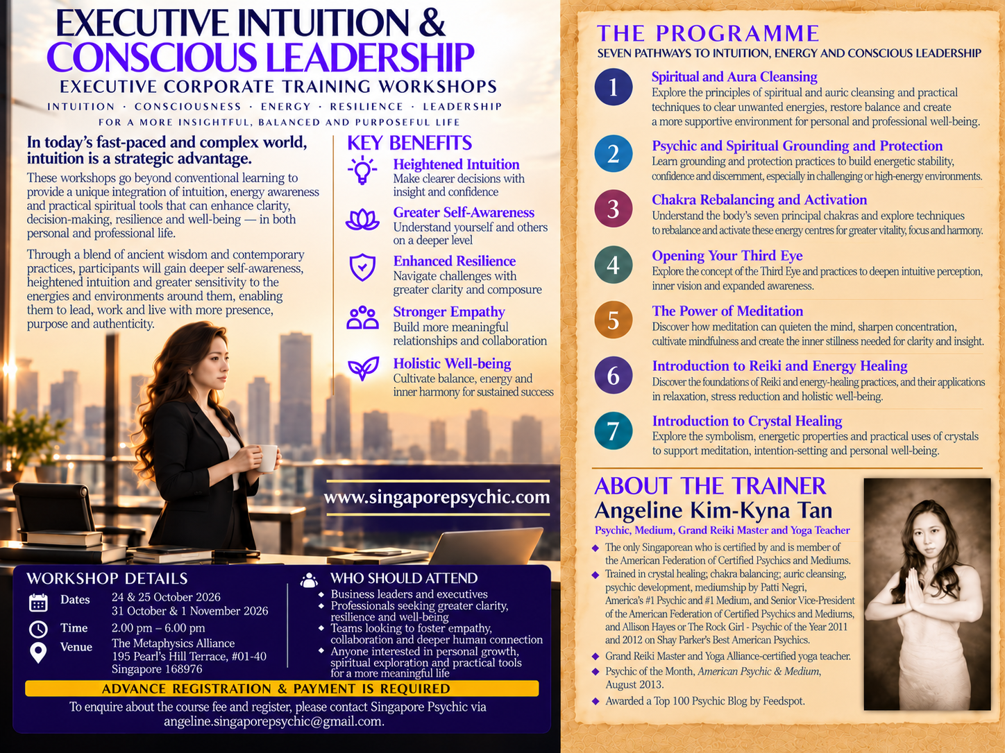 A promotional flyer for a workshop on psychic development training conducted by Singapore Psychic and The Metaphysics Alliance, detailing the programme, benefits, trainer information, workshop details, and registration instructions.