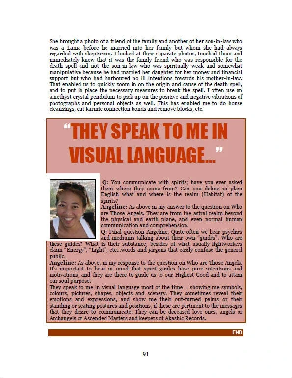 Page of a written interview or article discussing spirit communication, visual language, and angels, including a photograph of a smiling woman with short hair.