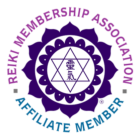 Emblem of the Reiki Membership Association featuring a central hexagram with a vertical line and kanji, surrounded by a decorative border with purple and blue text reading 'Reiki Membership Association' and 'Affiliate Member'.