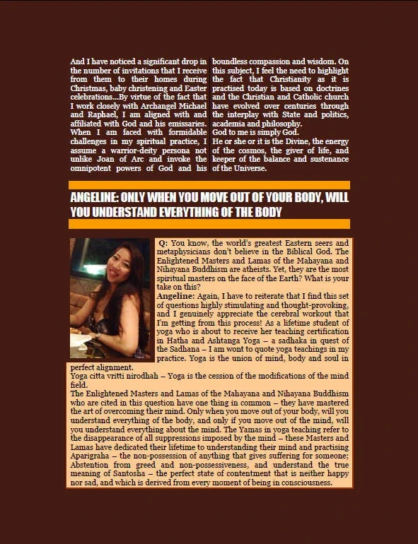 A digital newsletter page with a maroon background, featuring a motivational quote in bold white text about understanding the body and mind through movement and spiritual practice. The page includes a photograph of a smiling woman with long dark hair