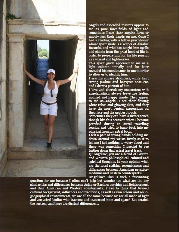 A woman in white tank top, shorts, and a cap stands smiling in front of an ancient stone doorway, with lush greenery visible through the opening.