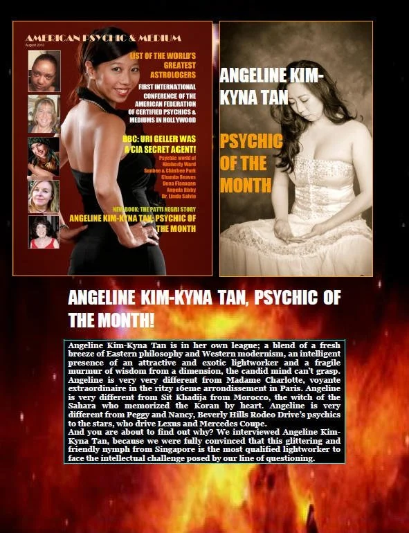 A magazine cover titled 'American Psychic & Medium' featuring Angeline Kim-Kyna Tan, a psychic of the month, with a black woman in a black dress on the left and a woman in a white dress sitting and looking down on the right.