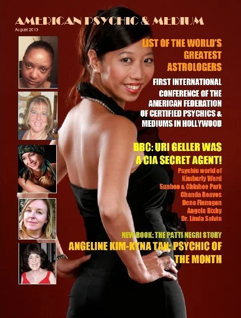Magazine cover titled "American Psychic & Medium" featuring a smiling woman with dark hair, and smaller images of four women on the left side. Highlights include listings of astrologers, psychic stories, and a book promotion.