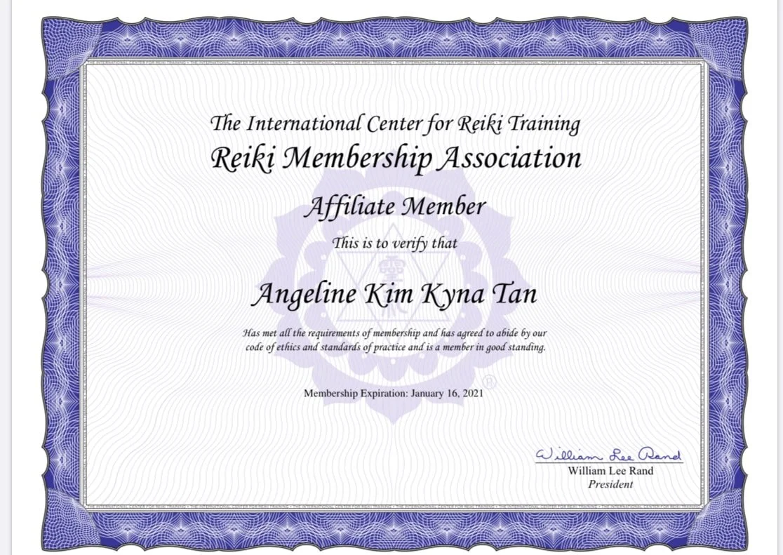 Certificate of affiliation with the International Center for Reiki Training, verifying membership of Angeline Kim Kyna Tan as an affiliate member, signed by William Lee Rand, President, with a decorative purple border.