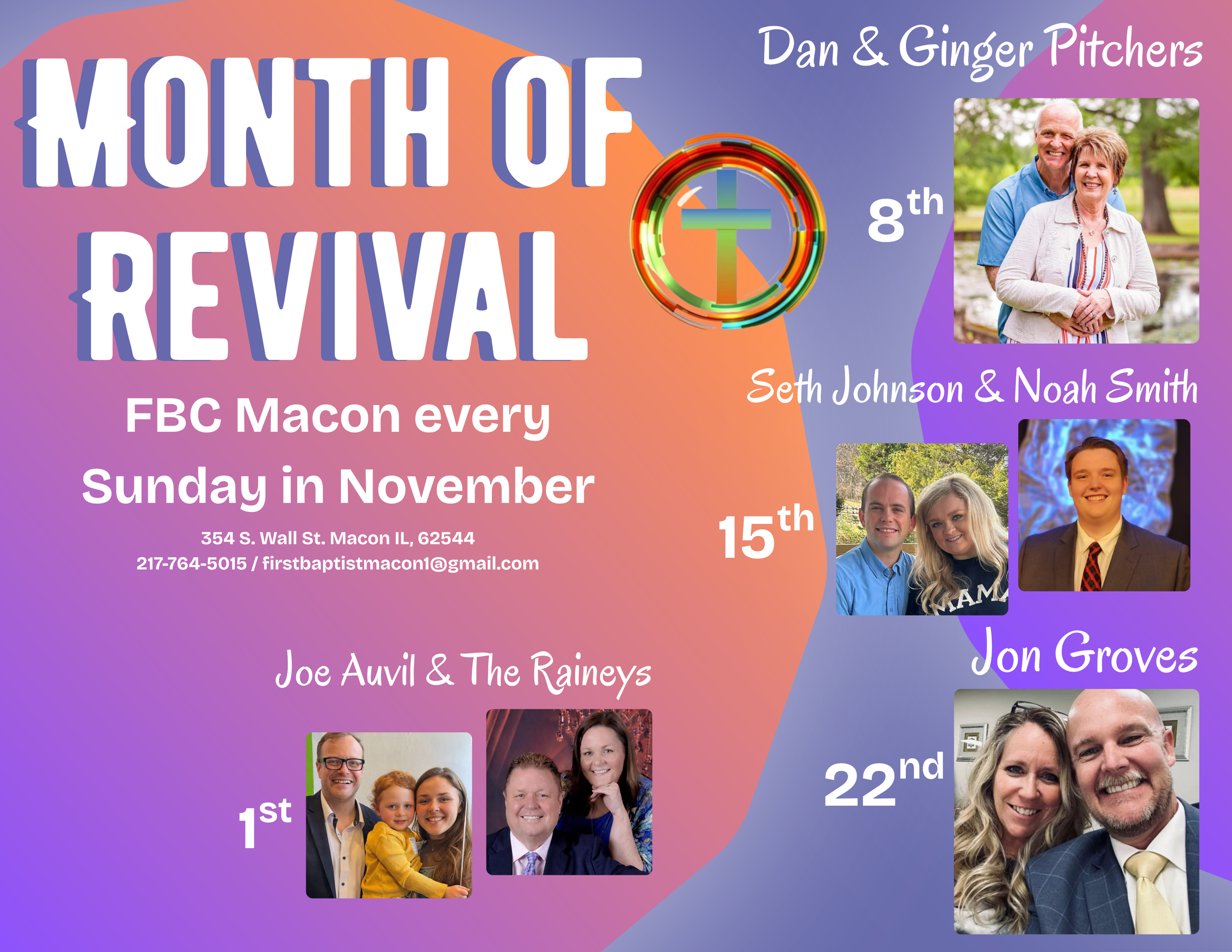 Colorful event poster advertising the 8th Mount Hope Revival with event details, dates, contact information, and photos of speakers and attendees.