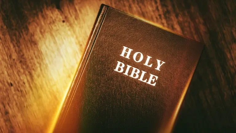 A brown hardcover Holy Bible placed on a wooden surface with warm lighting.