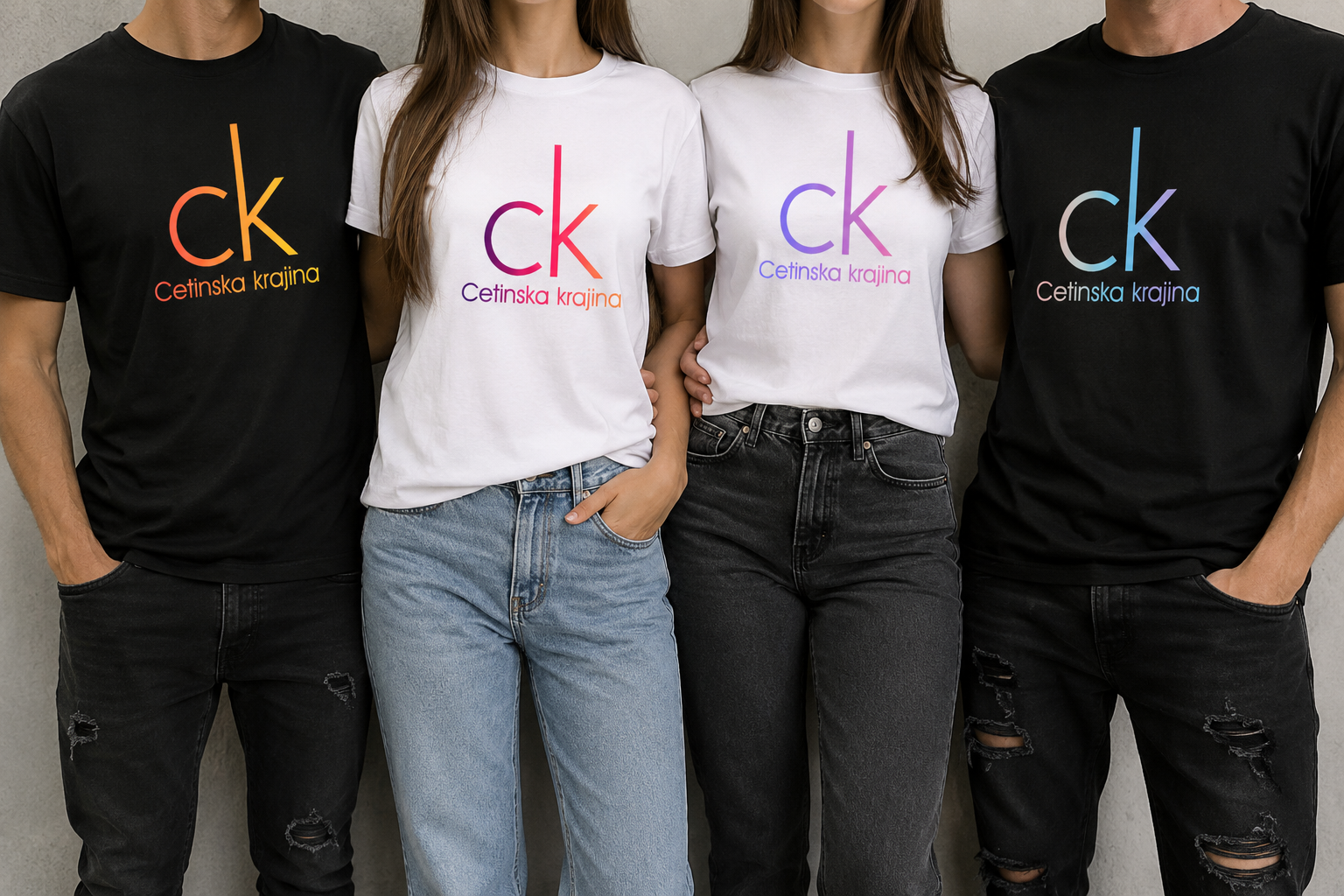 Four people wearing t-shirts with 'ck Cetinska krajina' logo in different colors, standing side by side against a plain wall.