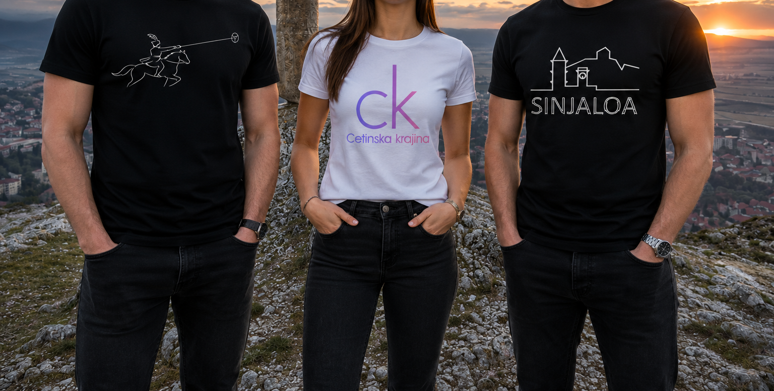 Three people standing on a rocky hilltop with a sunset in the background. The person on the left is wearing a black T-shirt with a line drawing of a person on horseback aiming a spear. The person in the middle is wearing a white T-shirt with purple and pink text that reads 'ck Cetinska kraijna.' The person on the right is wearing a black T-shirt with a white line drawing of buildings and the word 'SINJALOА.'