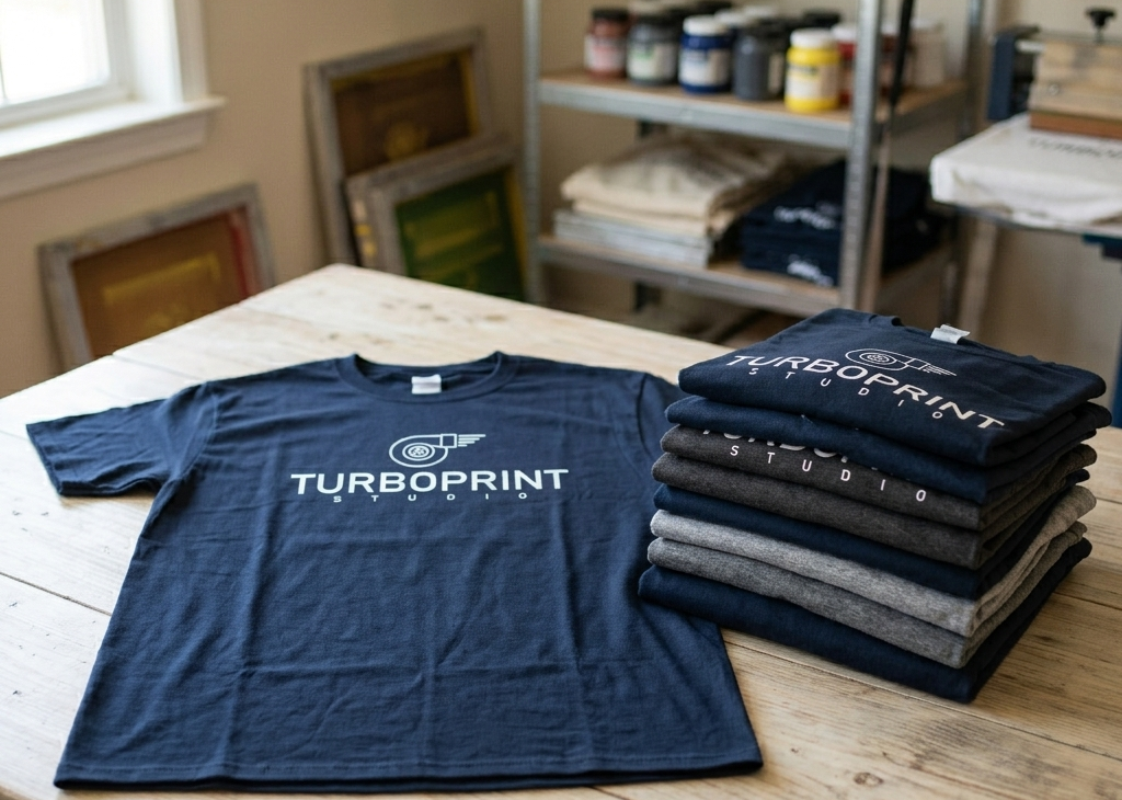 A navy T-shirt with a print logo and the text 'TURBOPRINT STUDIO' on a wooden table, with a stack of folded T-shirts in various colors next to it.