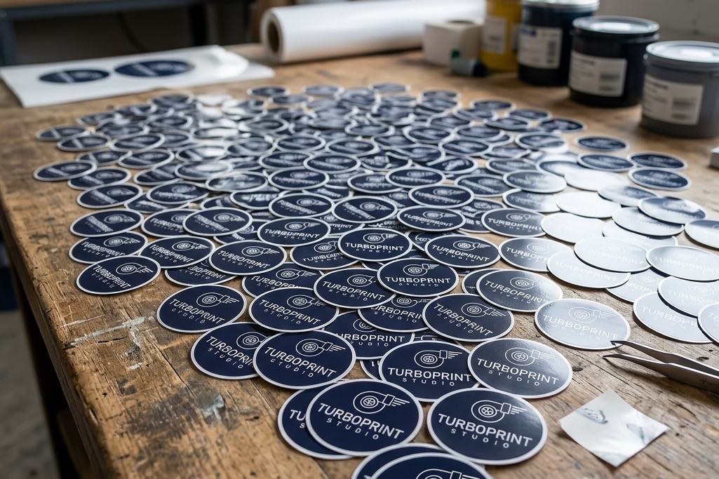 Sheet of stickers for TurboPrint Studio on a wooden work surface, with spray paint cans and rolls of paper in the background.