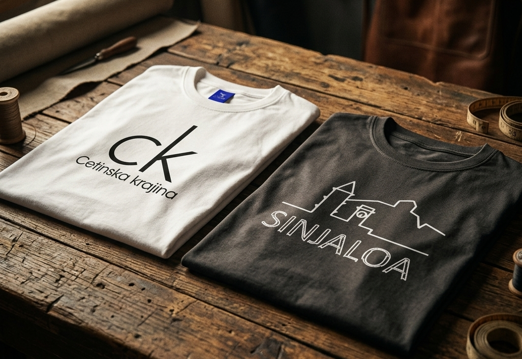 Two folded T-shirts on a rustic wooden table, one white with black text "ck Certinska krajina" and one black with a white outline of a building and the text "SINAIOA".