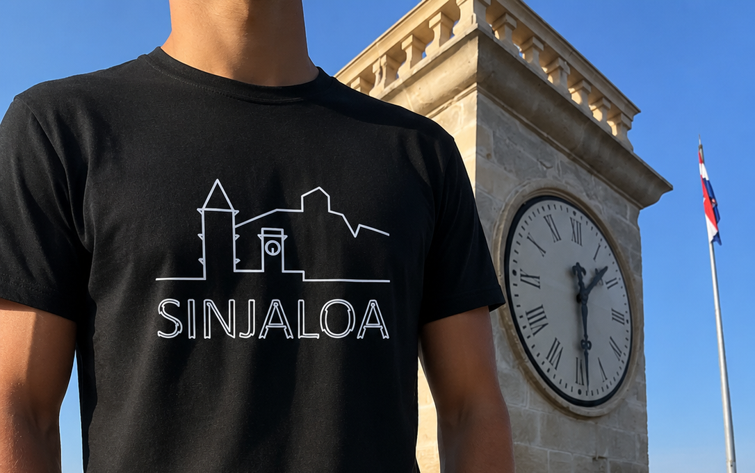 Person wearing a black T-shirt with a white line drawing of a cityscape and the word "SINALOA" in front of a clock tower and a flagpole with a flag. Clear blue sky.