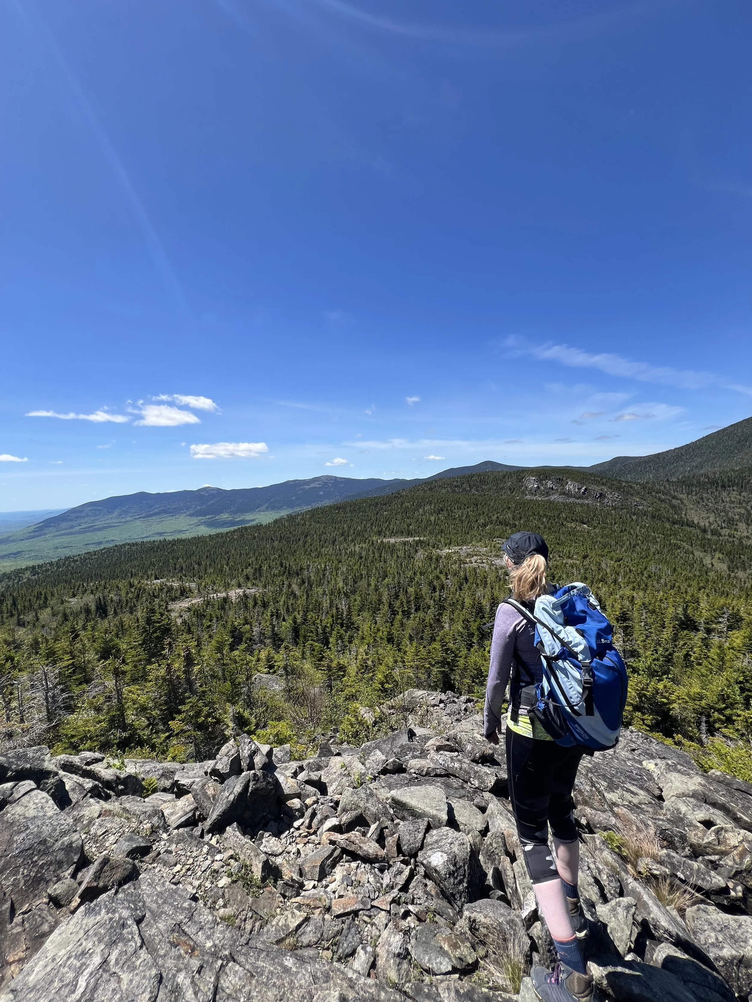 Person with blonde hair, black hat, blue backpack, and hiking gear walking on rocky trail through green forest with mountain range and blue sky in background.
