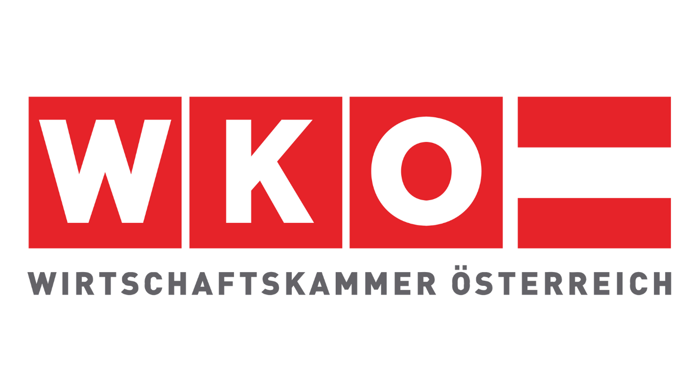 Logo der Wirtschaftskammer Österreich (WKO) mit roten Quadraten, weißen Buchstaben und österreichischer Flagge