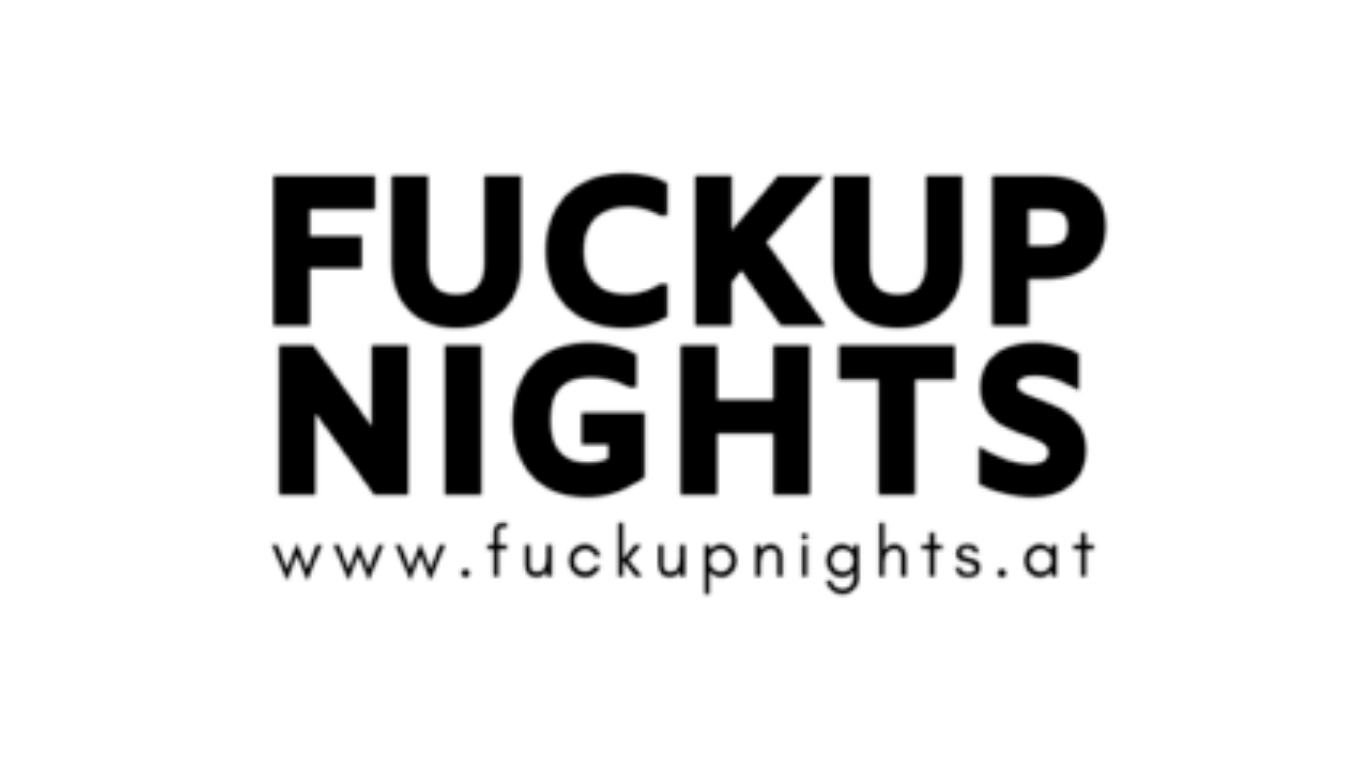Schwarz-weißes Logo mit dem Text "FUCKUP NIGHTS" und der Webseite "www.fuckupnights.at" darunter.