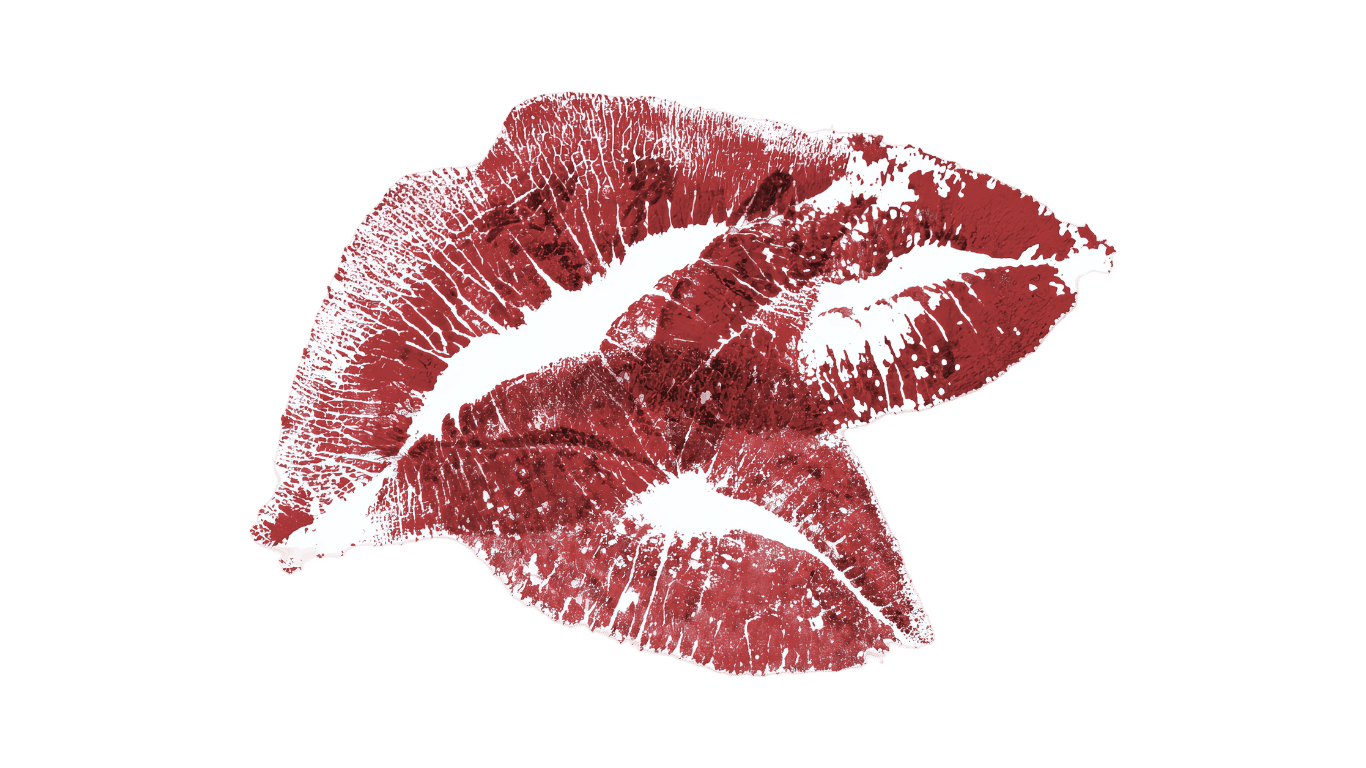 Eine künstlerische Darstellung von Lippen in Form eines hochwertigen, rot-weiß gemusterten Lippenabdrucks auf einem schwarzen Hintergrund.