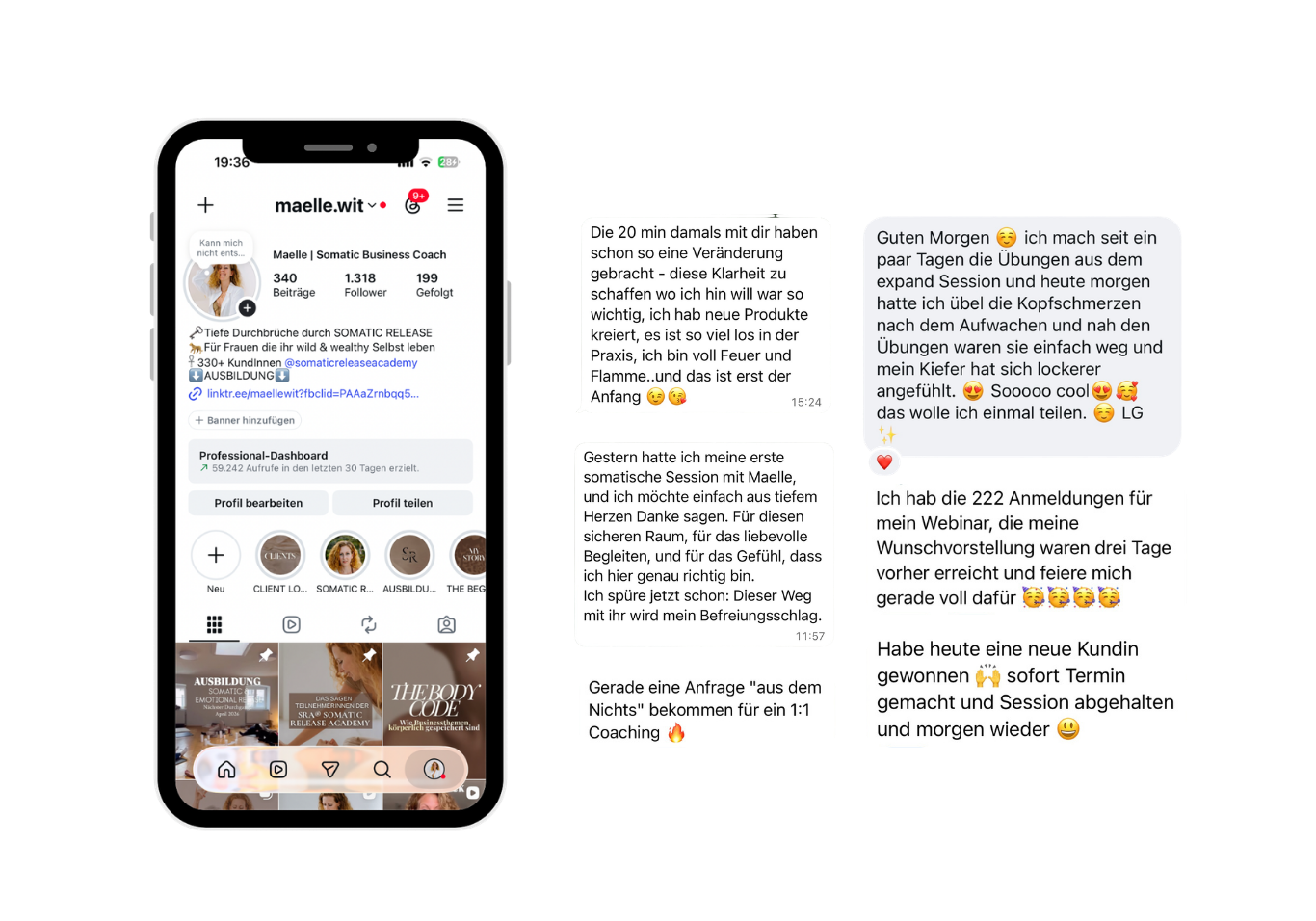 Smartphone-Display mit Instagram-Profil und WhatsApp-Nachrichten. Das Profil gehört einer somatischen Business-Coach namens Maelle, mit 340 Beiträgen, 1318 Followern. Die WhatsApp-Chats enthalten persönliche Nachrichten über Trainingserfahrungen, Webinare und Anfrage für Coaching.
