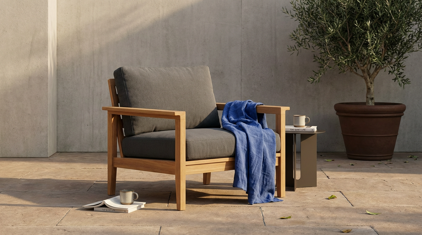 Outdoor patio scene with a gray cushioned wooden armchair, a blue throw blanket draped over the armrest, a small side table holding a book and a coffee mug, and a large potted tree against a concrete wall.