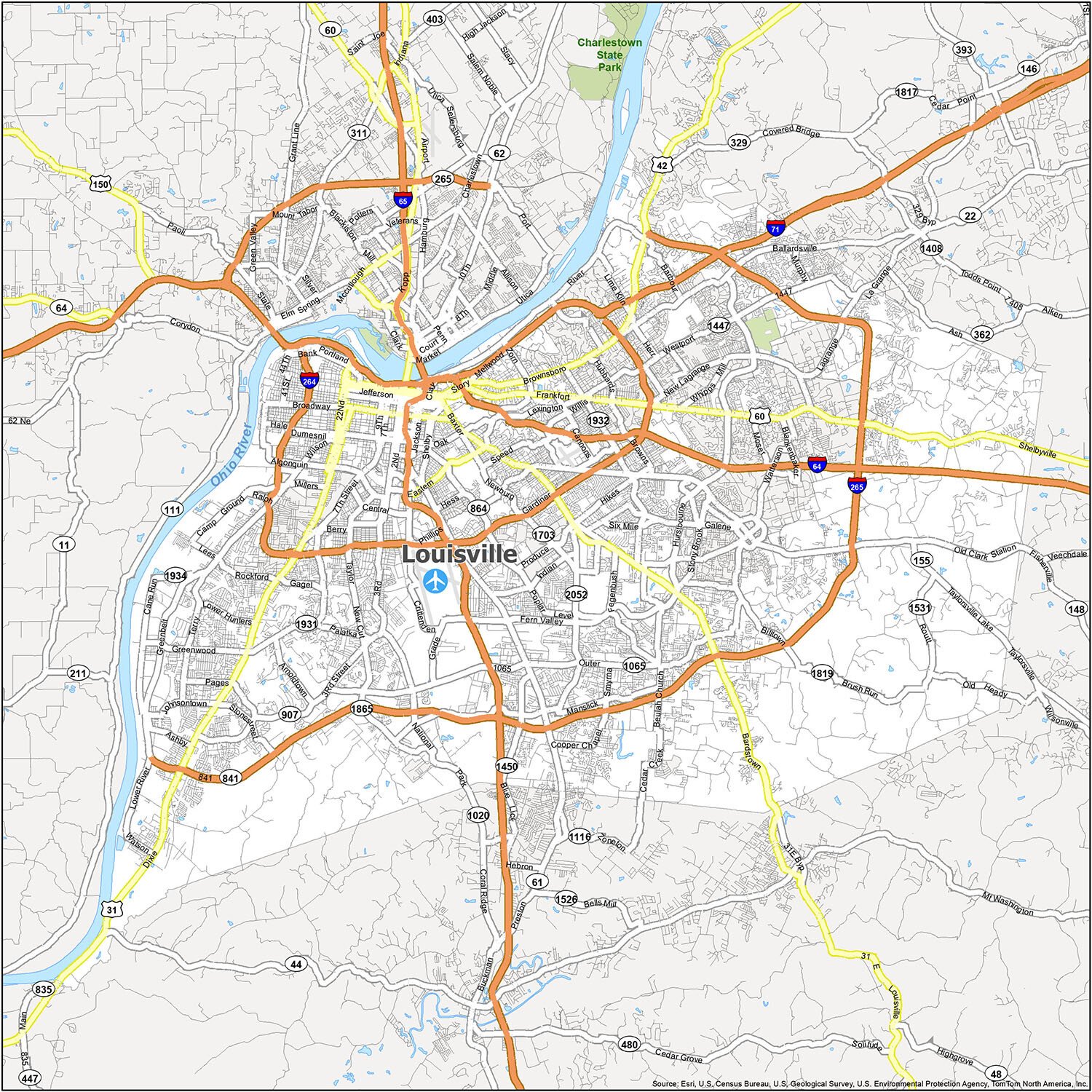 Map of Louisville showing major roads, highways, and the Ohio River.