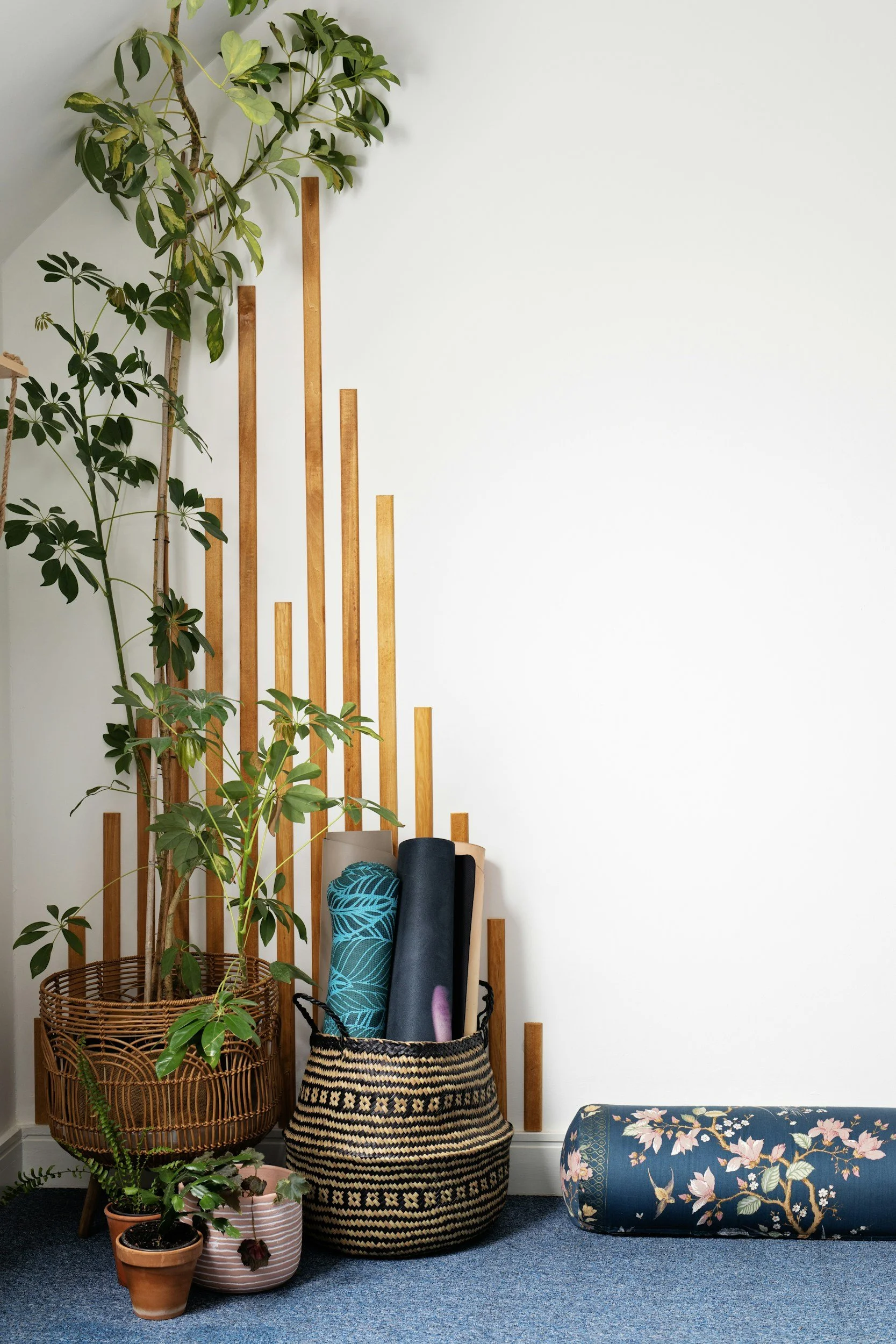 Intérieur avec plantes d'intérieur, paniers en rotin, coussins et pouf à motifs floraux, tapis bleu en carpet.