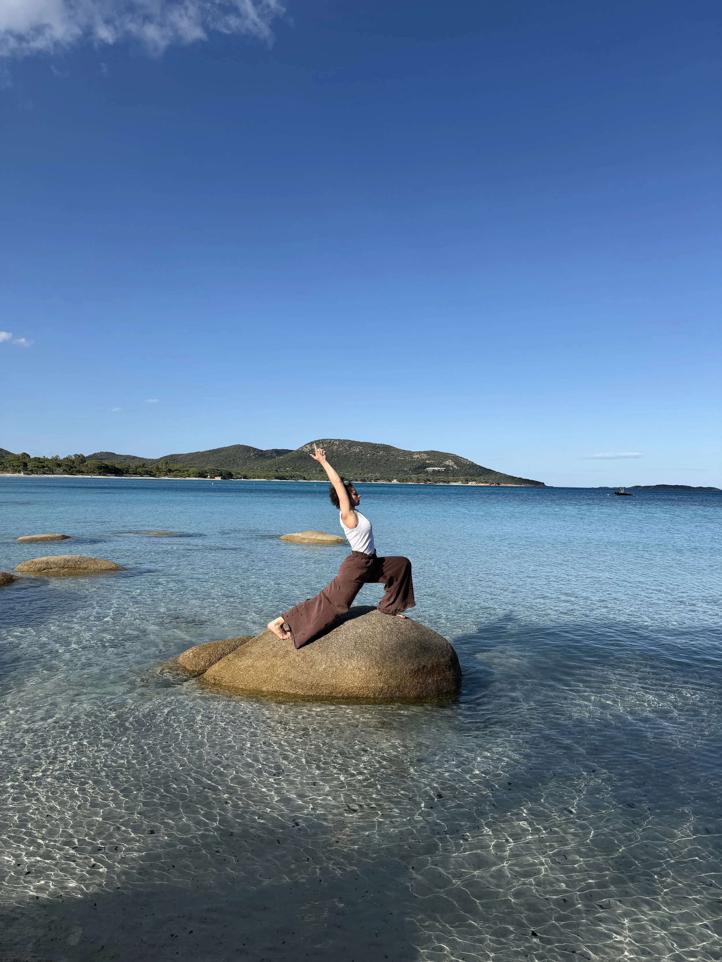 Personne faisant une posture de yoga sur un rocher au bord de l'eau avec un paysage de montagnes en arrière-plan, ciel bleu clair et eaux calmes.