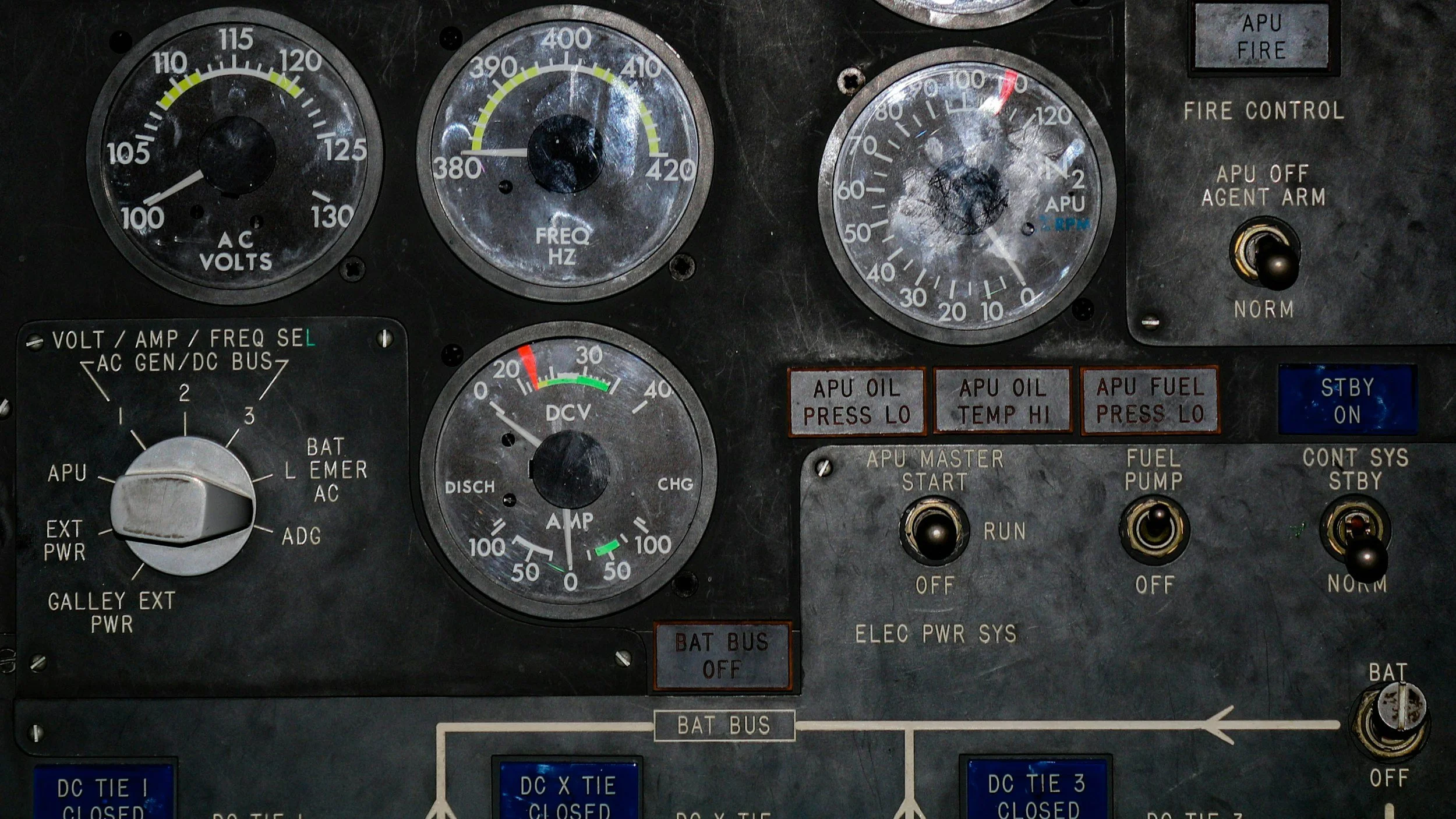 Aircraft instrument panel showing various gauges and switches including voltmeter, frequency, RPM, DC voltage, electrical system controls, and other avionics components.