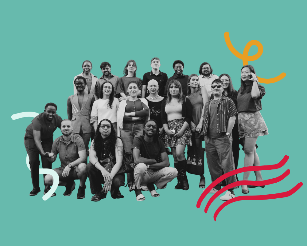 A group of diverse people standing together against a teal background with colorful abstract lines and shapes.