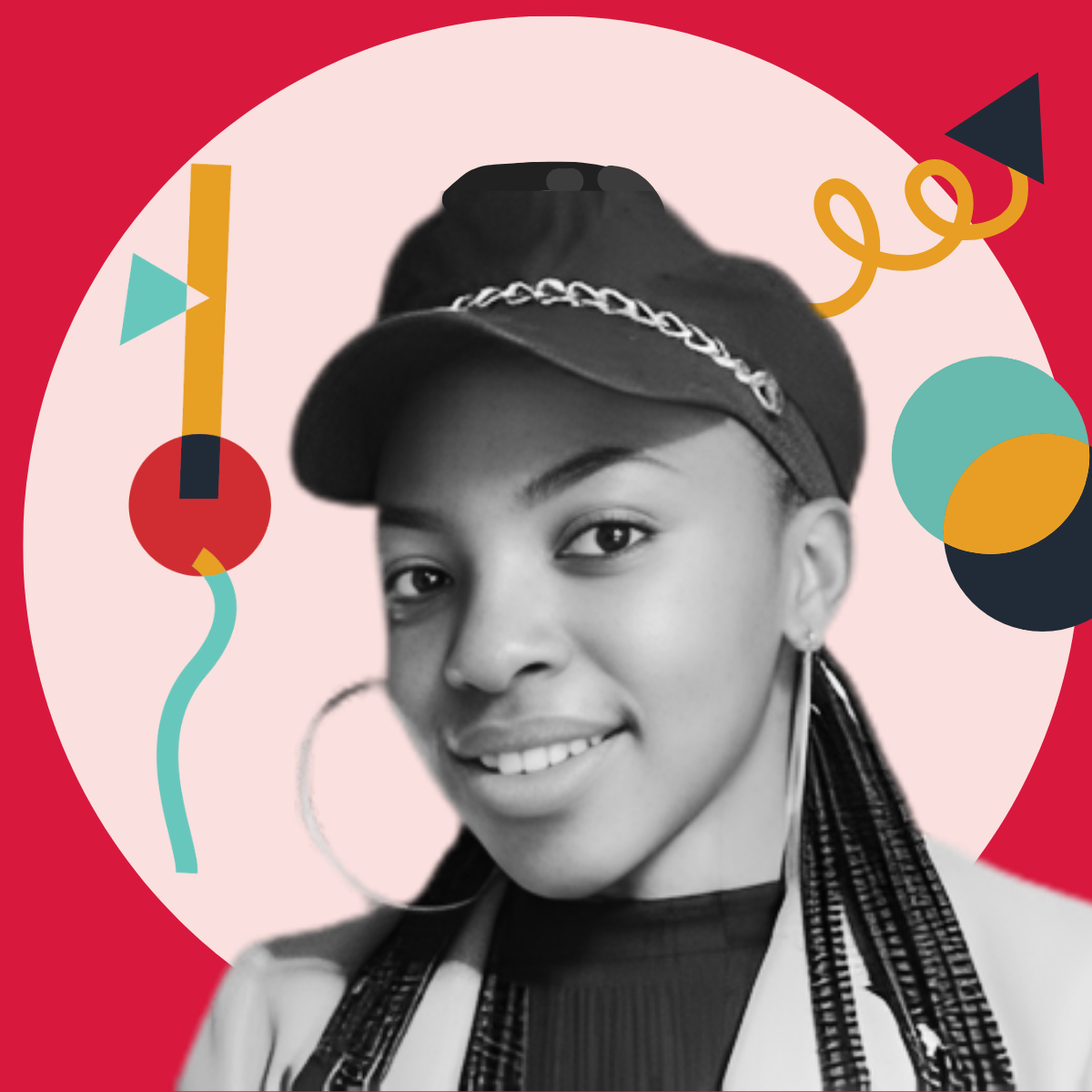 Black and white portrait of a smiling young woman wearing a cap with a chain, hoop earrings, and a blazer, with colorful abstract shapes in the background.