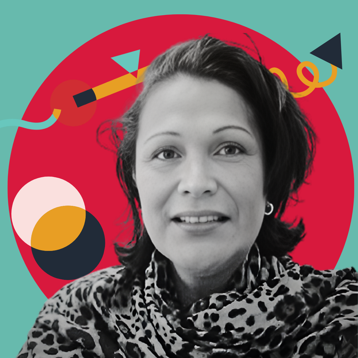 A black-and-white portrait of a woman with short dark hair, wearing a leopard print scarf, set against a colorful, abstract background with geometric shapes and a red circular element.