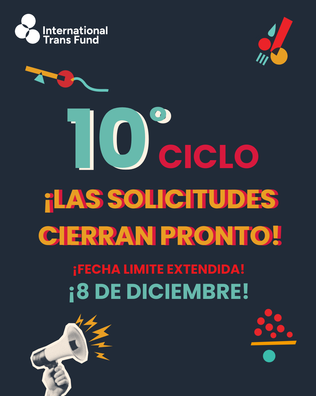 Announcement poster from the International Trans Fund about the 10th cycle of funding requests closing soon, extended deadline December 8th, featuring colorful graphics and a megaphone icon.