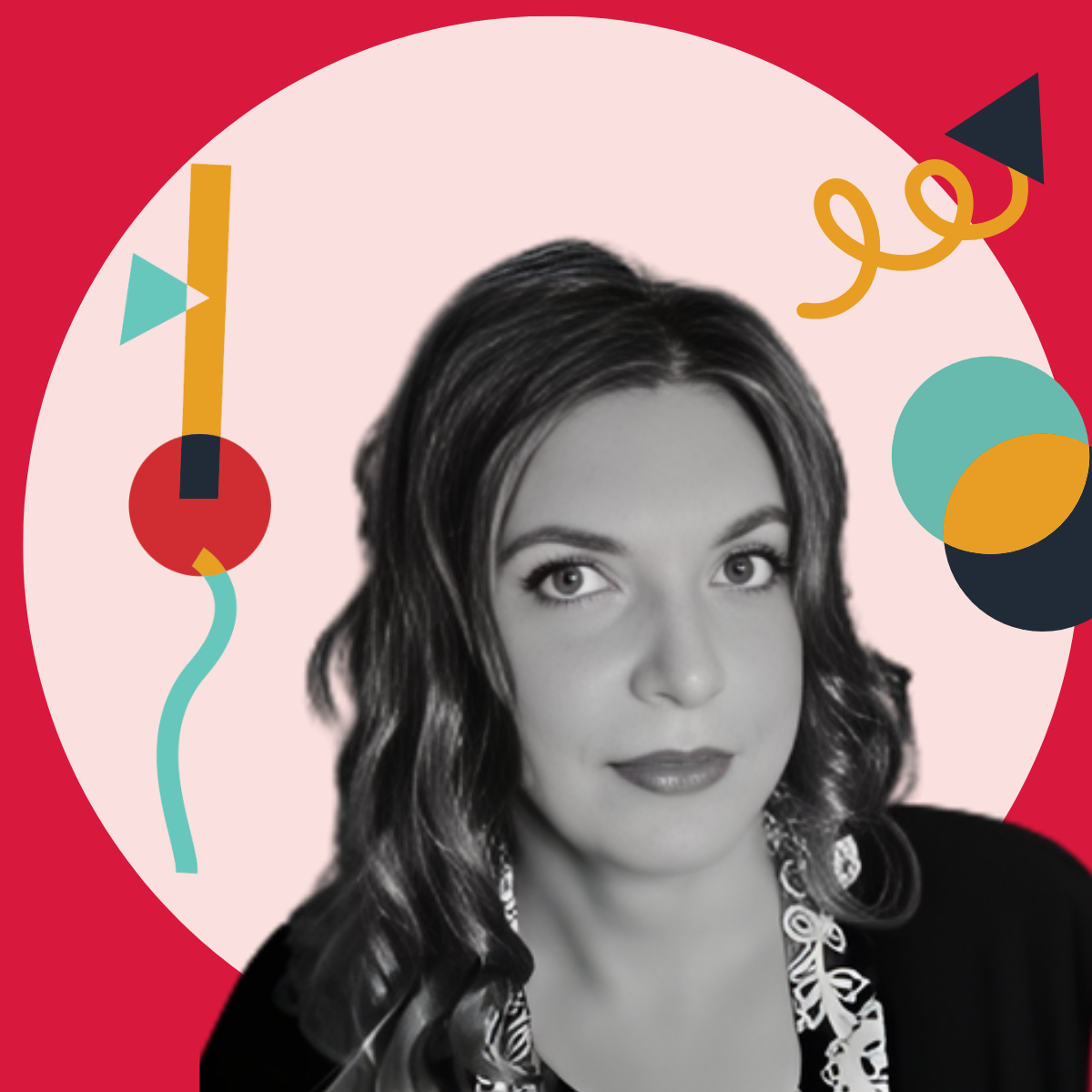Black and white portrait of a woman with wavy hair, wearing a patterned blouse and earrings, against a colorful abstract background with geometric shapes.