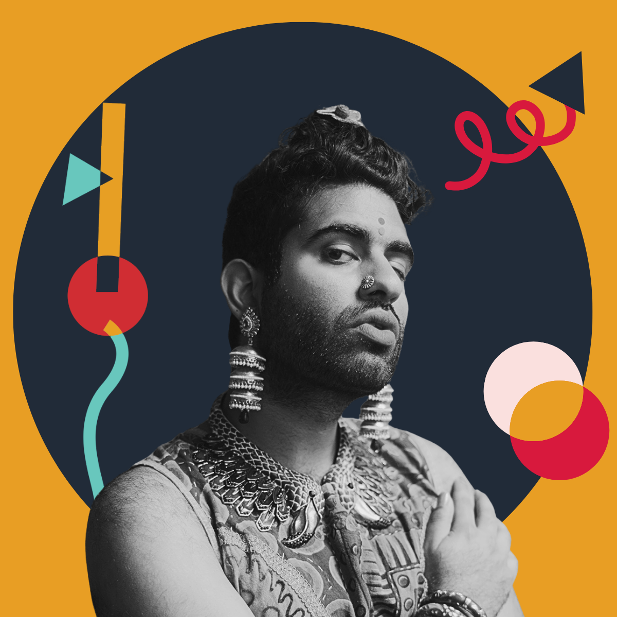 A black-and-white portrait of a person with traditional jewelry and clothing, set against a colorful, abstract background with geometric shapes.