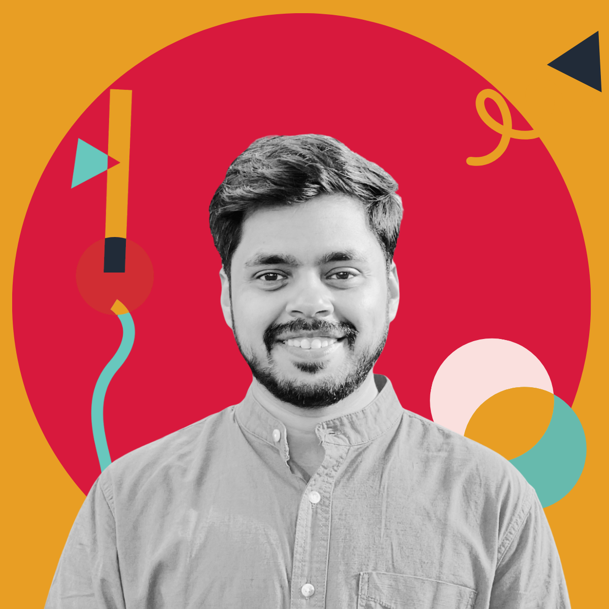 Black and white portrait of a smiling man with a beard and short hair, wearing a light-colored button-up shirt, against a colorful, abstract background with geometric shapes.