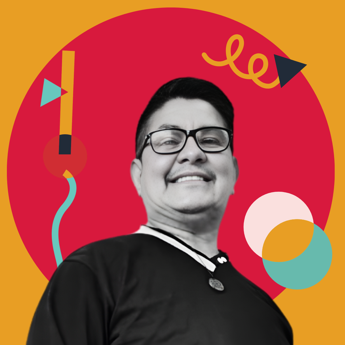 A black-and-white photo of a smiling person wearing glasses, set against a colorful abstract background with circles, lines, and shapes.