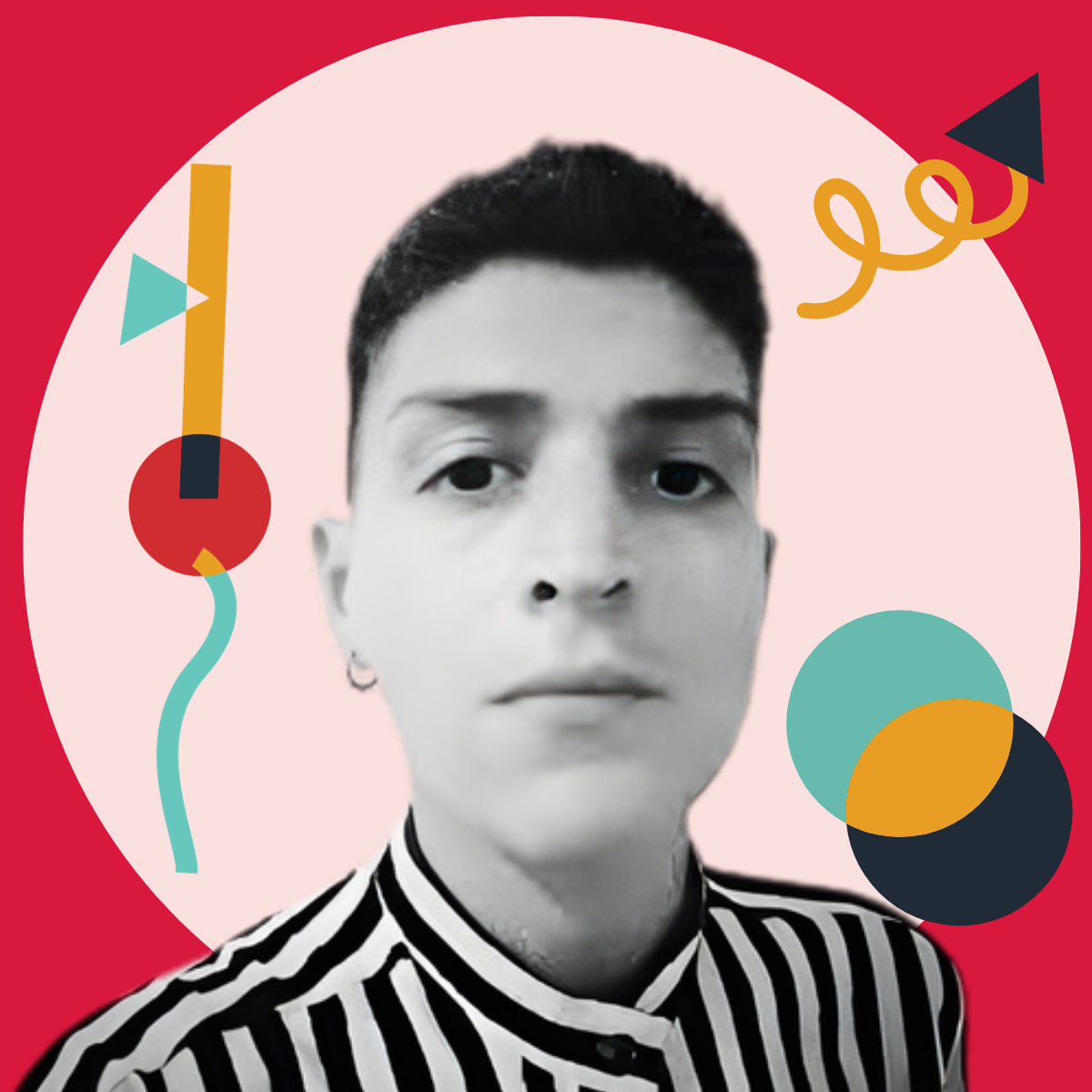 A young person with short dark hair, wearing a black and white striped shirt, is featured in a black and white portrait with colorful abstract shapes and a pink background.