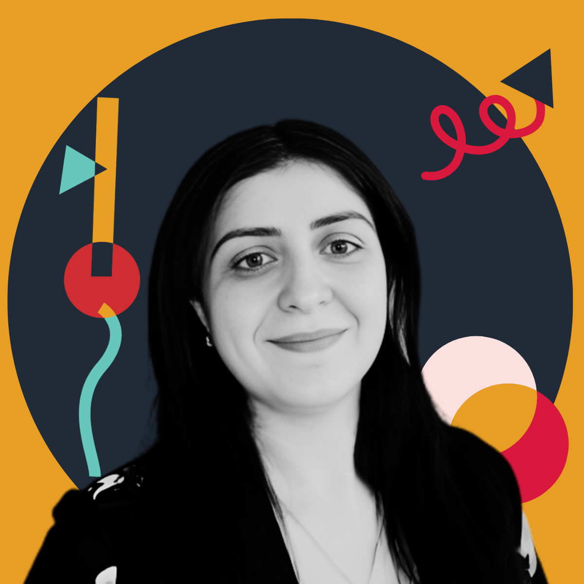Black and white portrait of a woman with dark hair, smiling, with a colorful abstract background including shapes like a circle, triangle, and squiggles.
