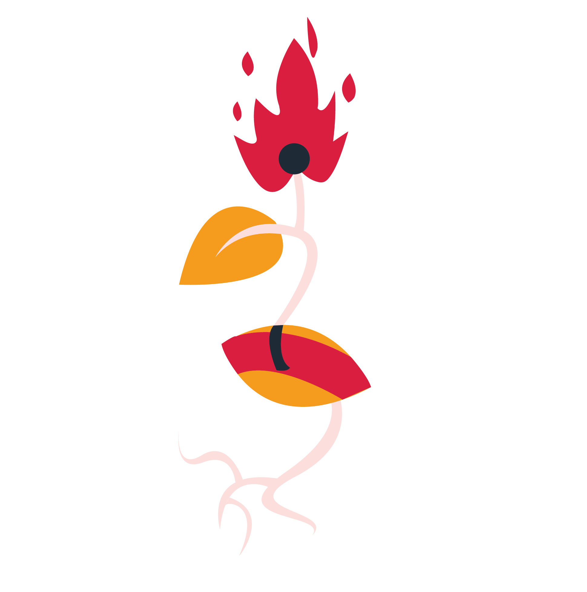 Illustration of a hand with a red flame-shaped top, a black circle nose, growing out of a seed, with a black background.