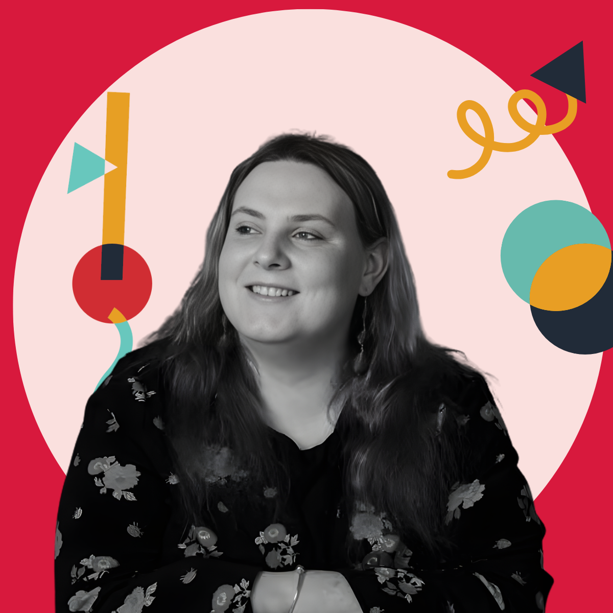 Black and white portrait of a smiling woman with long hair, wearing a dark floral blouse, set against a colorful abstract background with geometric shapes.