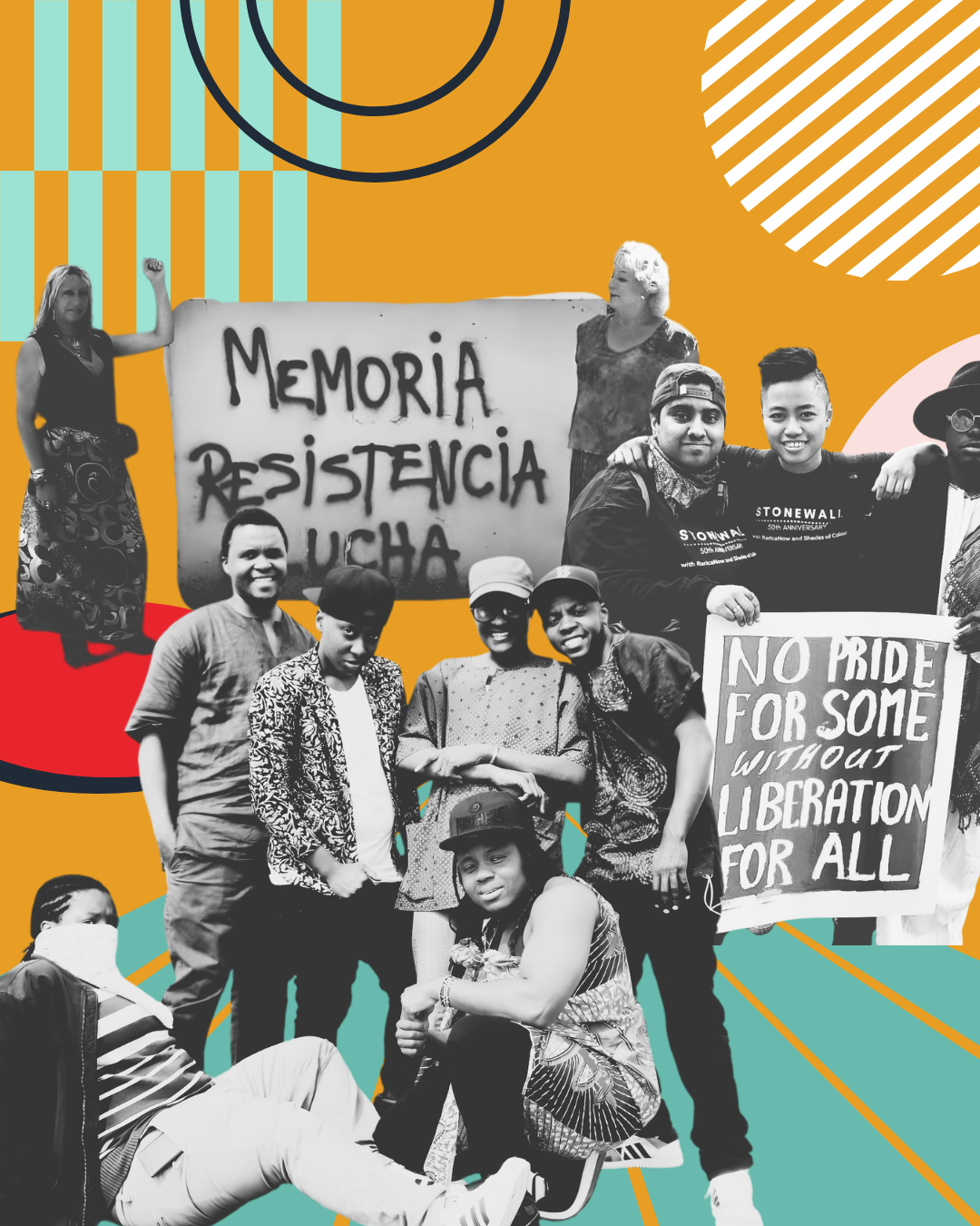 grantee partners participating in a protest with signs calling for resistance, memory, and liberation, set against a colorful, abstract background.