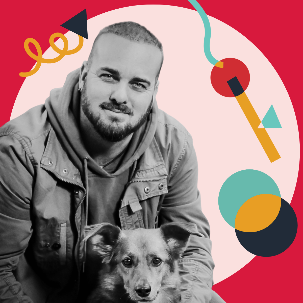 Black and white photo of a smiling man with a beard wearing a hooded jacket, crouching with a dog in front of him. The background has colorful abstract shapes and patterns.