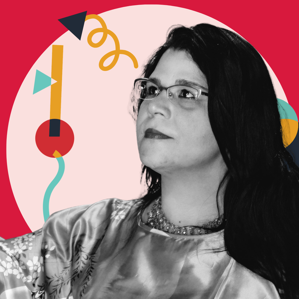 Black and white portrait of a woman with glasses, dark hair, wearing a patterned top and a choker, against an abstract colorful background.