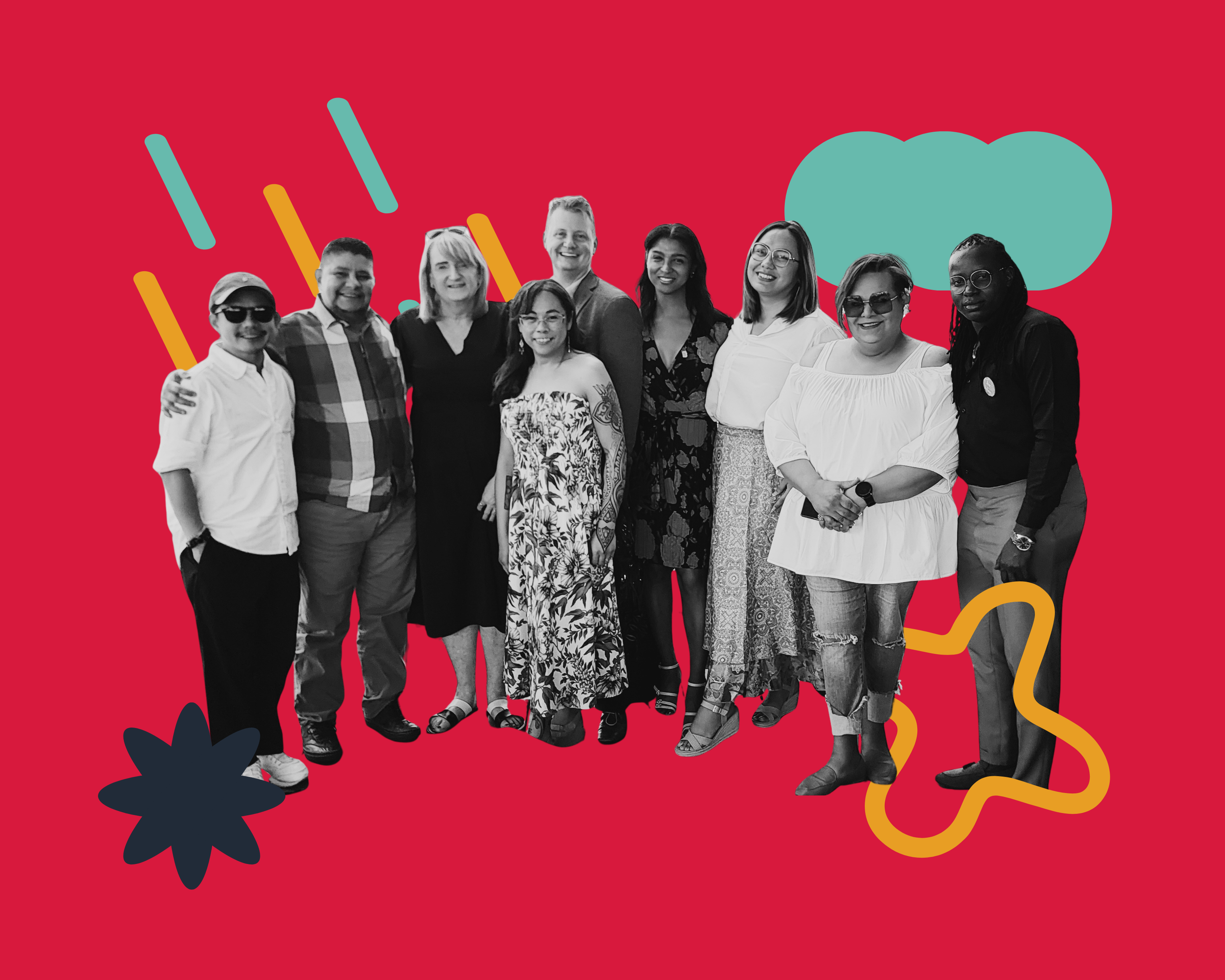 A diverse group of nine people standing together, smiling, against a red background with abstract shapes and design elements.