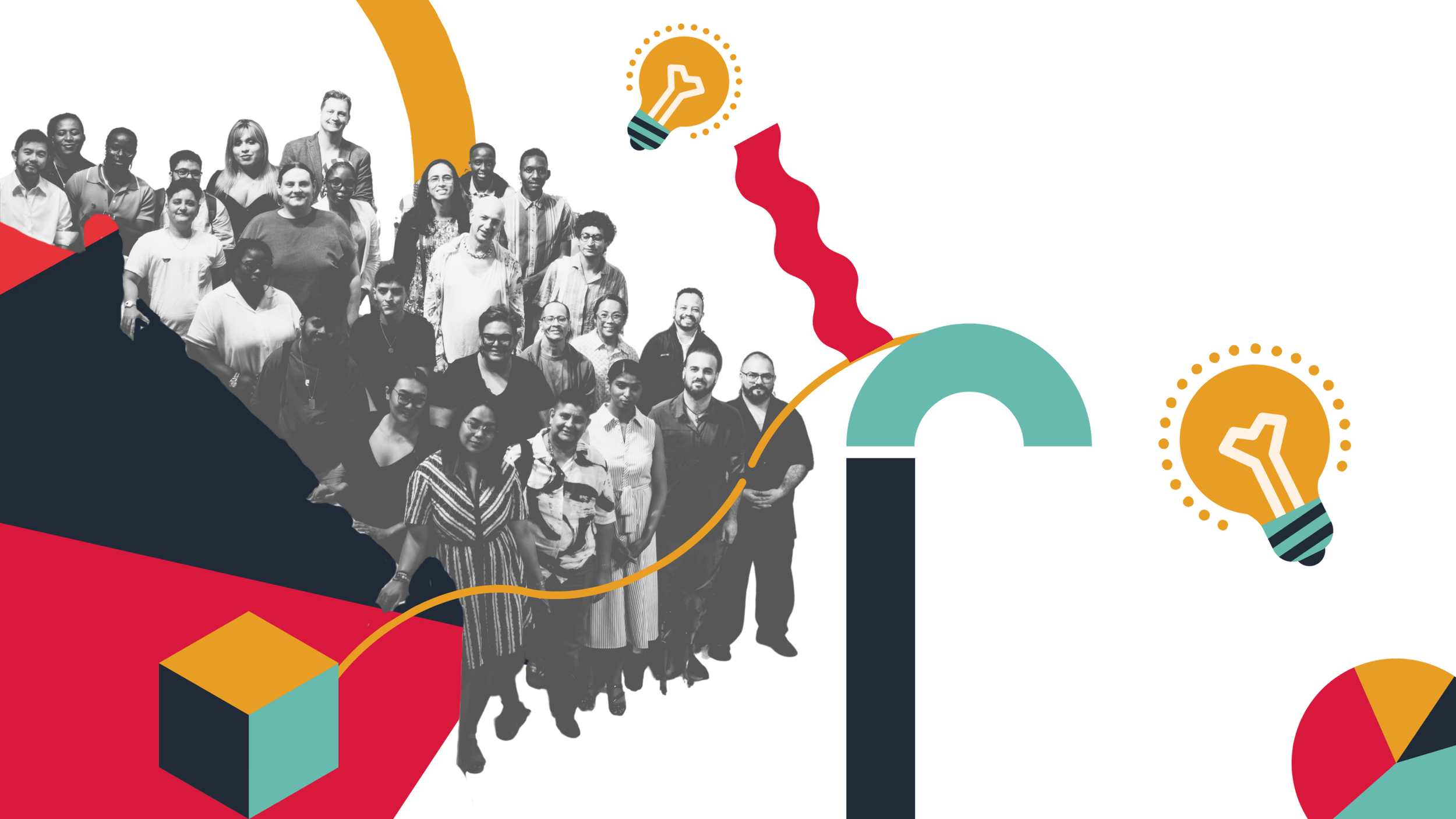 A collage of diverse people in grayscale superimposed on a colorful, abstract background with light bulb icons and geometric shapes.