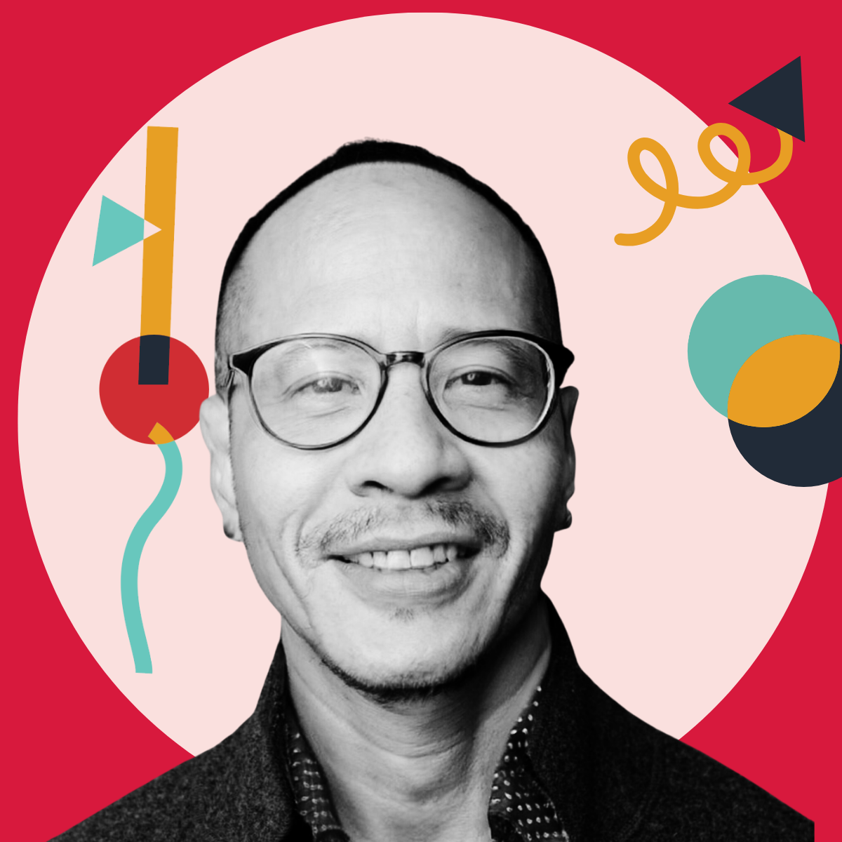Black and white portrait of an Asian man with glasses smiling, with colorful abstract geometric background elements.