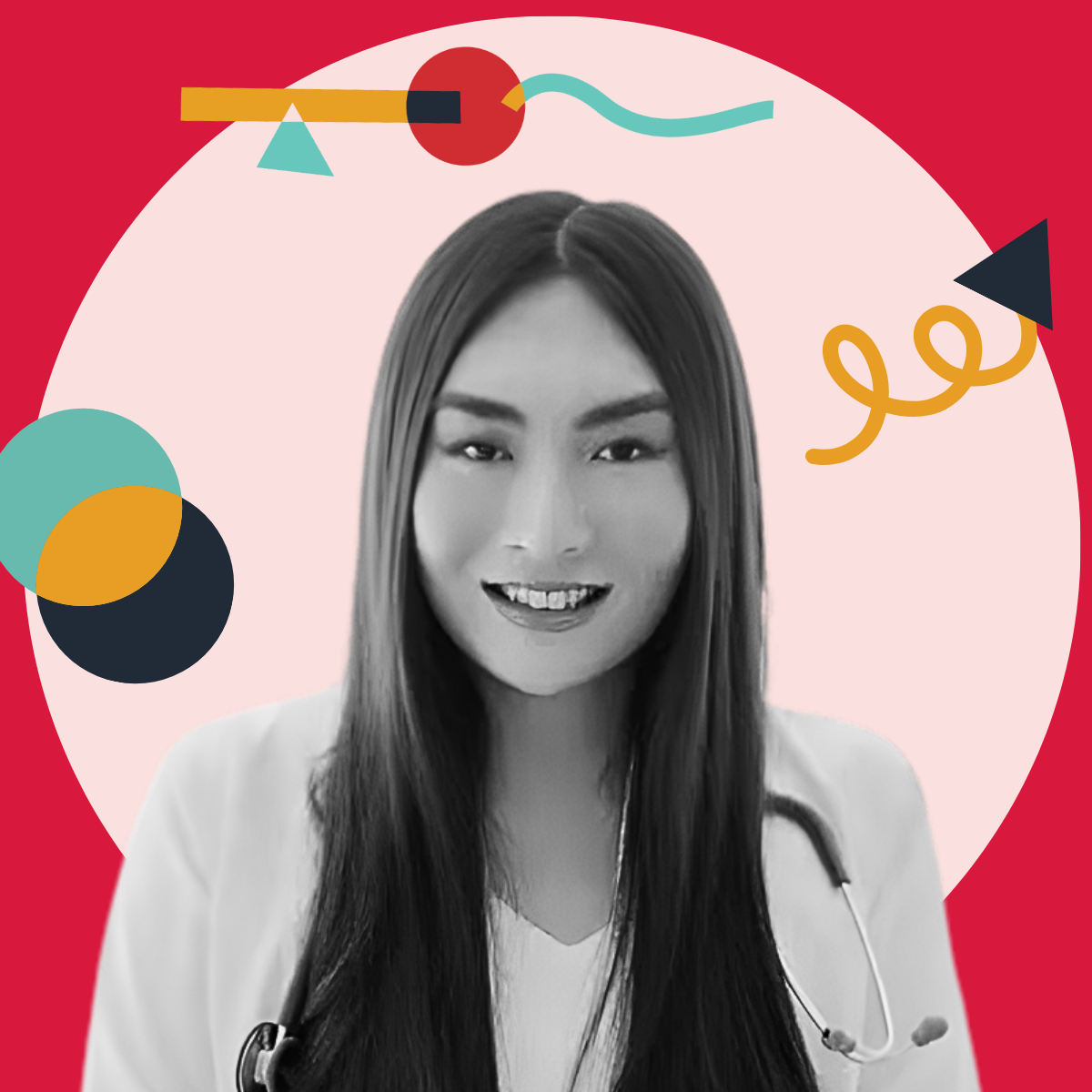 A black-and-white portrait of a young female healthcare professional wearing a white coat and a stethoscope, set against a colorful abstract background with geometric shapes and squiggles.