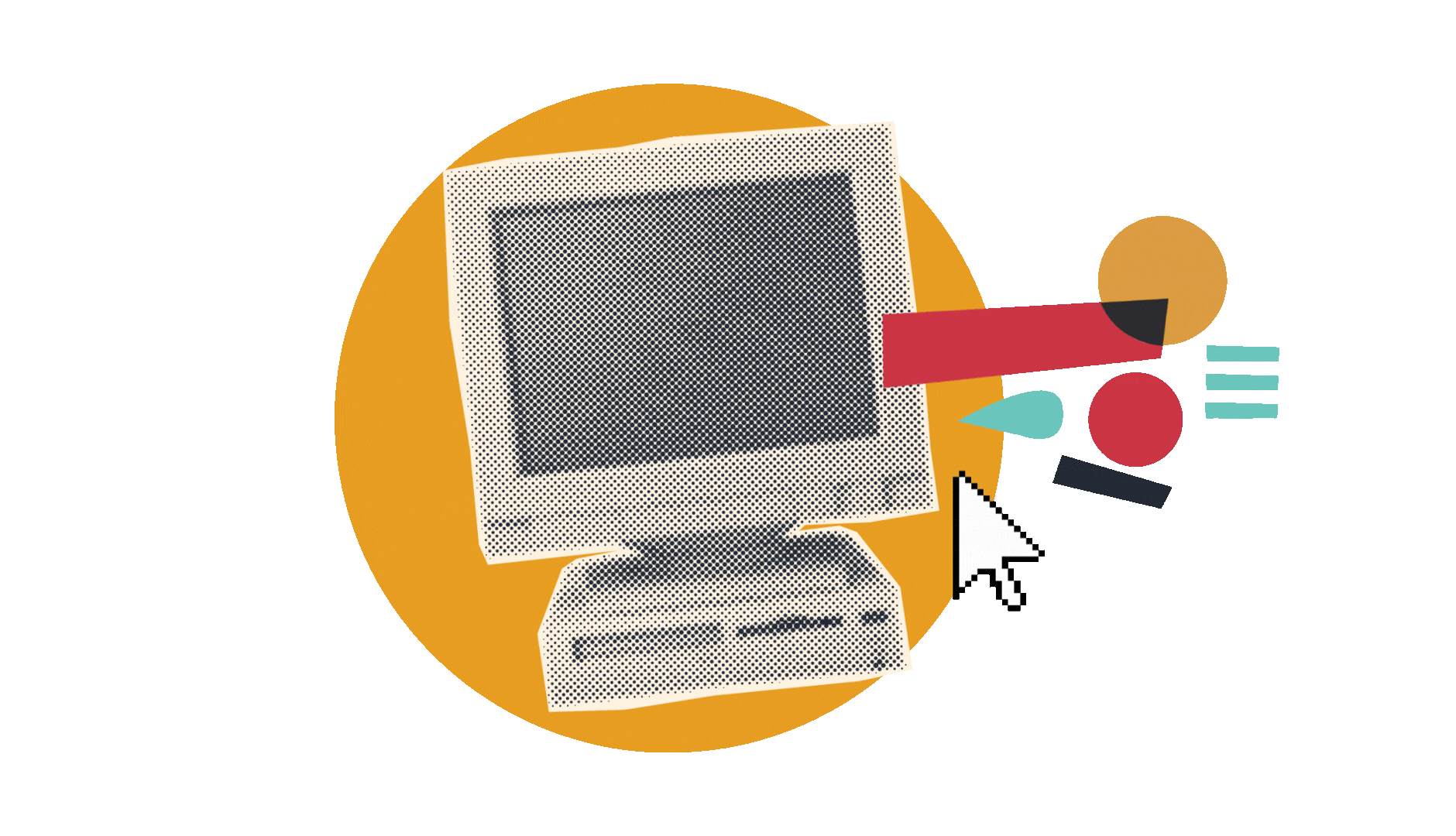 a cutout of a retro computer with geometric elements, a mouse pointer keeps clicking the screen.