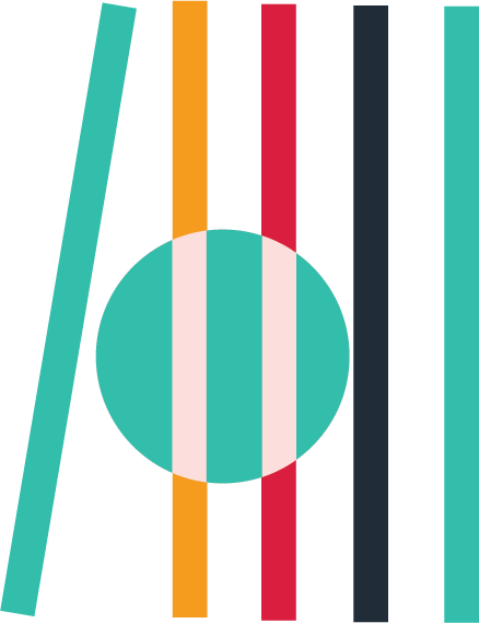 Geometric drawing of an outline square with sections divided by vertical, horizontal, and half circle lines.
