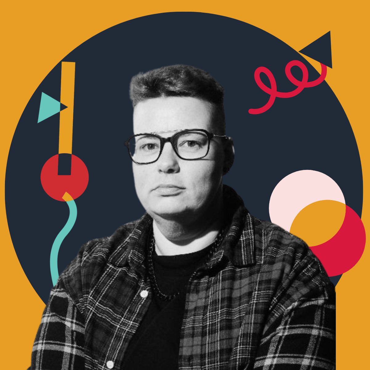Black and white portrait of a person with short hair, glasses, and a plaid shirt, with abstract colorful shapes in the background.